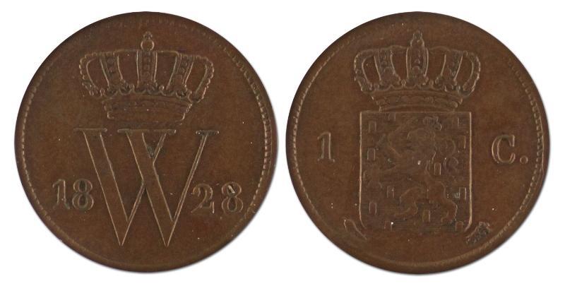 1 cent. Willem I. 1828 U. Zeer Fraai +. 