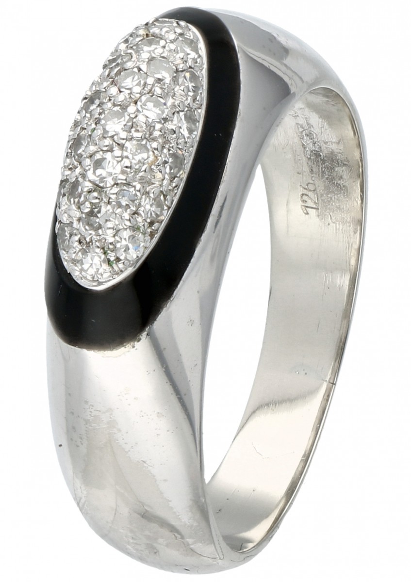 Witgouden pave ring, met ca. 0.27 ct. diamant en onyx - 14 kt.