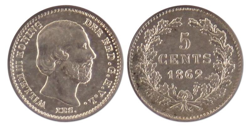 5 cent. Willem III. 1862. Prachtig +. 