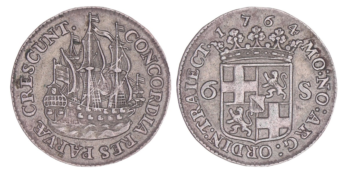 6 Stuiver of scheepjesschelling Utrecht 1764. Zeer Fraai +.