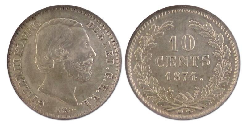 10 cent. Willem III. 1874 klaver. Prachtig. 