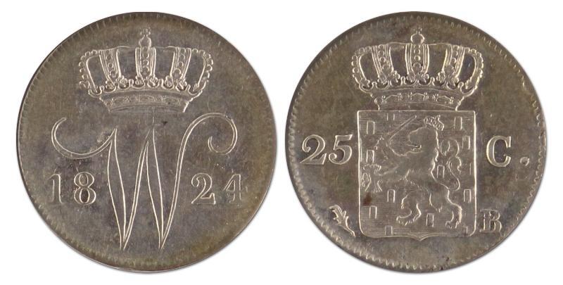 25 cent. Willem I. 1824 B. Zeer Fraai. 