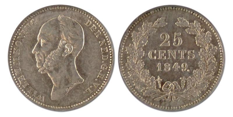 25 cent. Willem II. 1849. Zeer Fraai / Prachtig. 