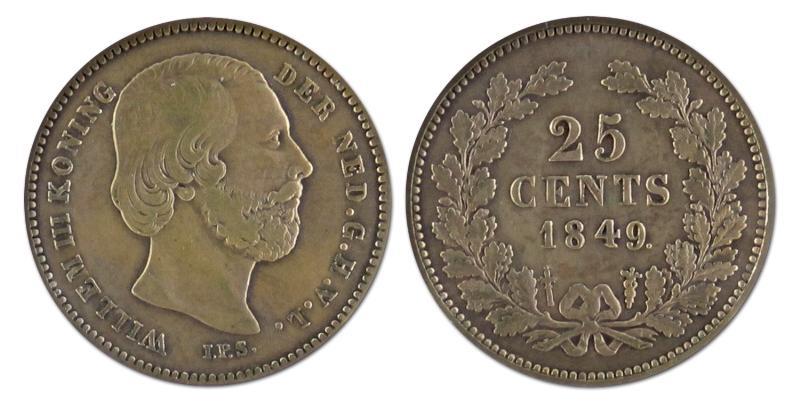 25 cent. Willem III. 1849. Zeer Fraai -. 