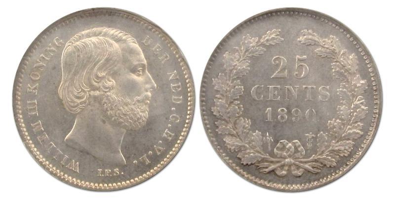 25 cent. Willem III. 1890 met punt. Prachtig +. 