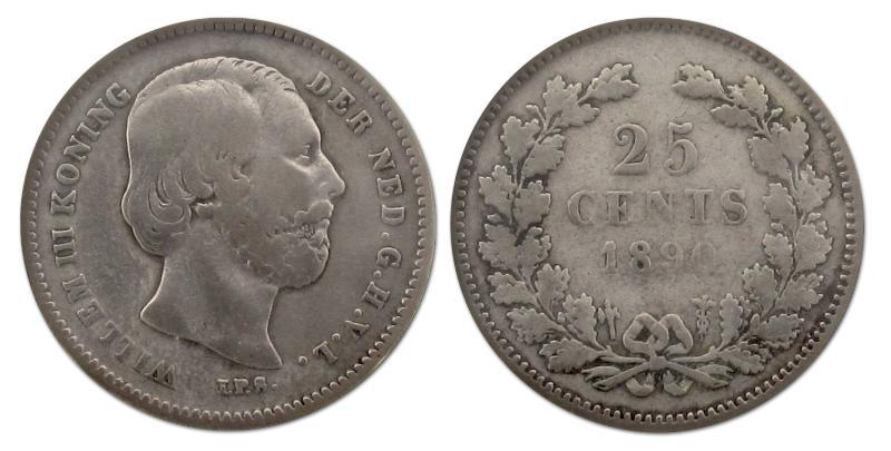 25 cent. Willem III. 1890 zonder punt. Fraai. 