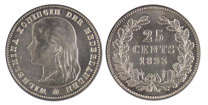 25 cent. Wilhelmina. 1893. Zeer Fraai / Prachtig. 