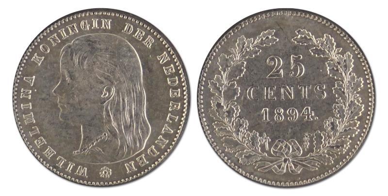 25 cent. Wilhelmina. 1894. Zeer Fraai +. 