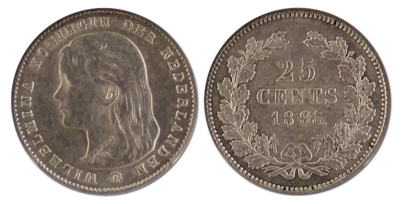 25 cent. Wilhelmina. 1895. Zeer Fraai / Prachtig. 