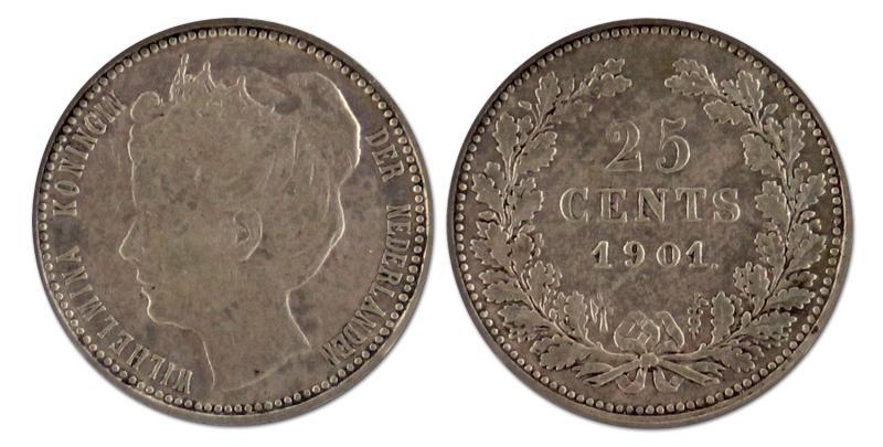 25 cent. Wilhelmina. 1901 brede hals. Zeer Fraai -. 