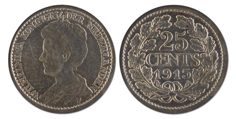 25 cent. Wilhelmina. 1915. Zeer Fraai / Prachtig. 