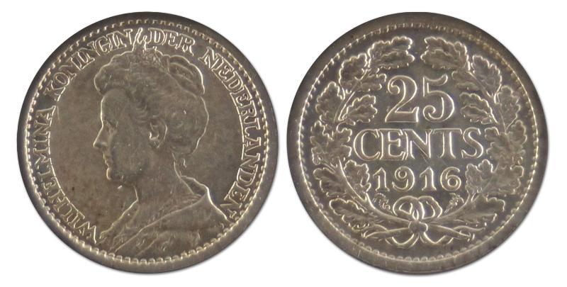 25 cent. Wilhelmina. 1916. Prachtig -. 