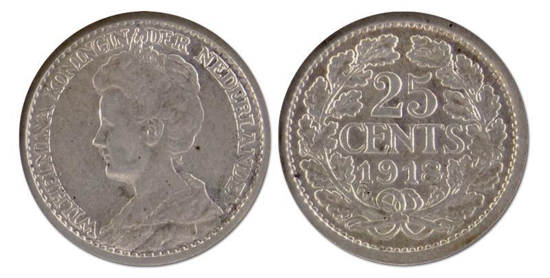 25 cent. Wilhelmina. 1918. Prachtig. 