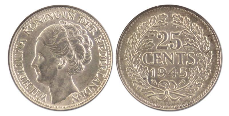 25 cent. Wilhelmina. 1945 E.P. FDC. 
