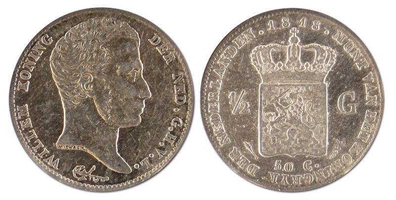 1/2 gulden. Willem I. 1818 U. Fraai / Zeer Fraai. 