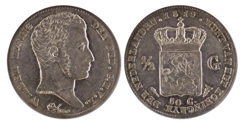 1/2 gulden. Willem I. 1819 U. Zeer Fraai. 
