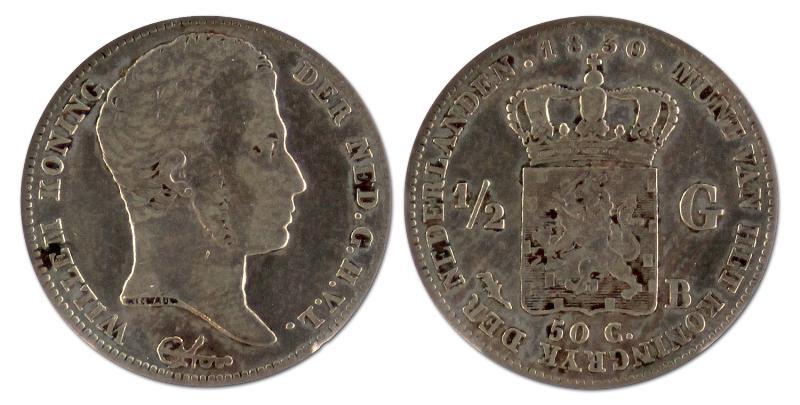 1/2 gulden. Willem I. 1830 B. Fraai / Zeer Fraai. 