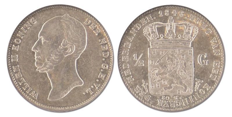 1/2 gulden. Willem II. 1846 met gepolijste stempel geslagen. Prachtig / FDC. 