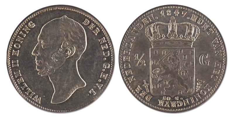 1/2 gulden. Willem II. 1847. Zeer Fraai / Prachtig. 