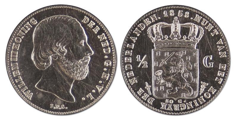 1/2 gulden. Willem III. 1858. Prachtig / FDC. 