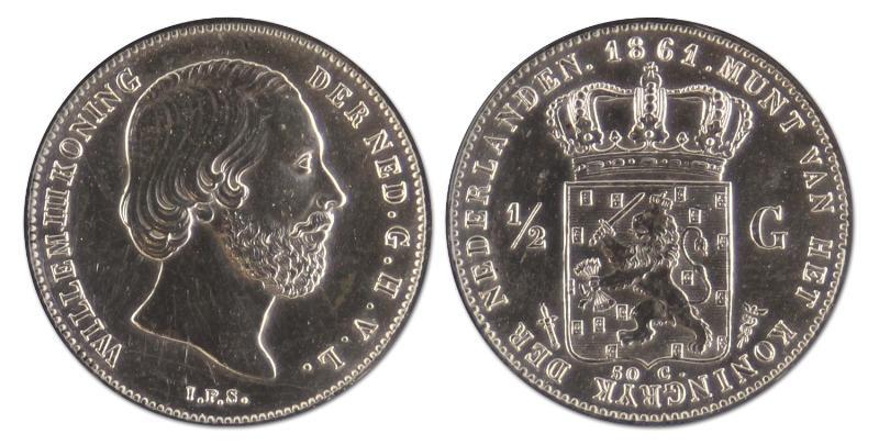 1/2 gulden. Willem III. 1861. Zeer Fraai / Prachtig. 