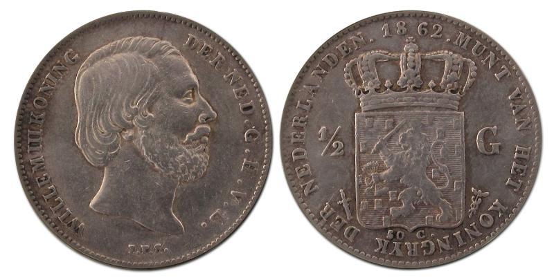1/2 gulden. Willem III. 1862. Zeer Fraai +. 