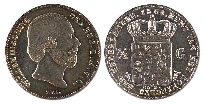 1/2 gulden. Willem III. 1863. Zeer Fraai / Prachtig. 
