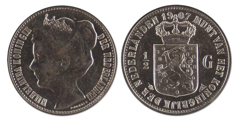 1/2 gulden. Wilhelmina. 1907. Prachtig. 