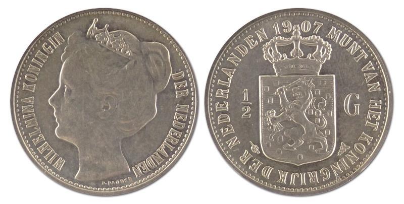 1/2 gulden. Wilhelmina. 1907. Zeer Fraai +. 