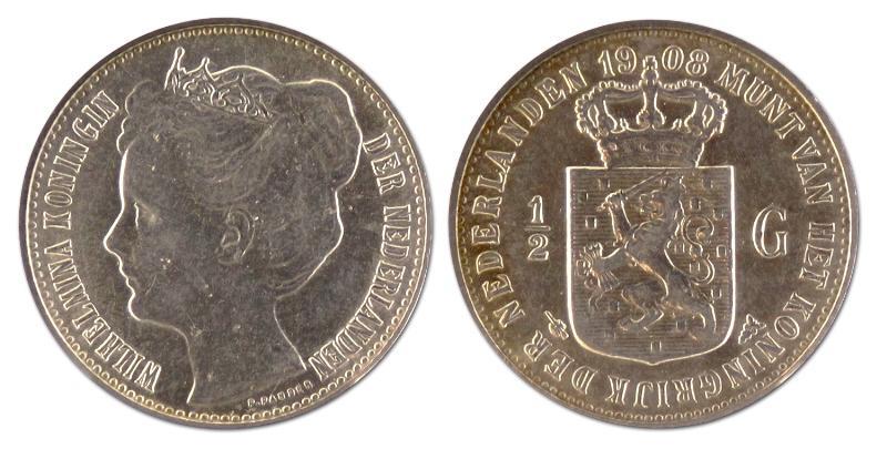 1/2 gulden. Wilhelmina. 1908. Zeer Fraai +. 
