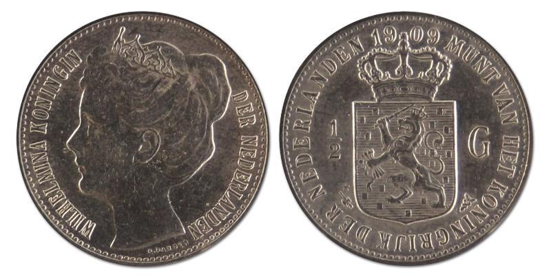 1/2 gulden. Wilhelmina. 1909. Zeer Fraai / Prachtig. 