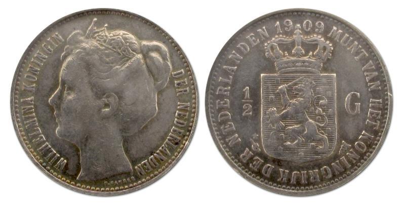 1/2 gulden. Wilhelmina. 1909. Fraai / Zeer Fraai. 
