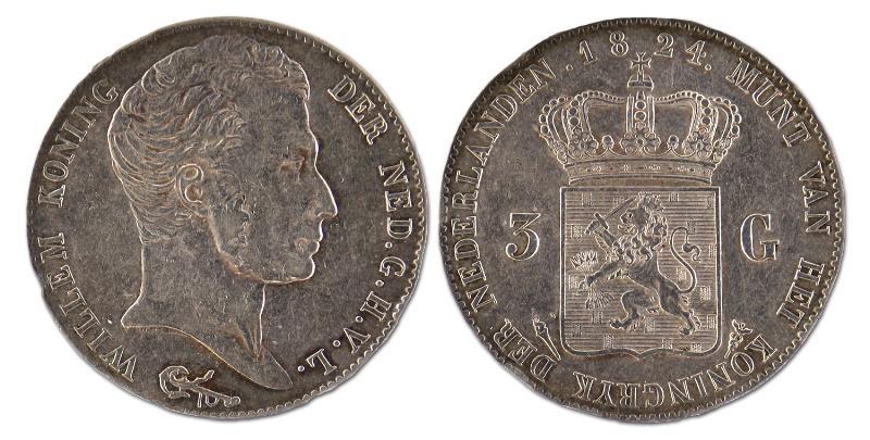 3 gulden. Willem I. 1824 U. Zeer Fraai / Prachtig (tikjes in rand). 