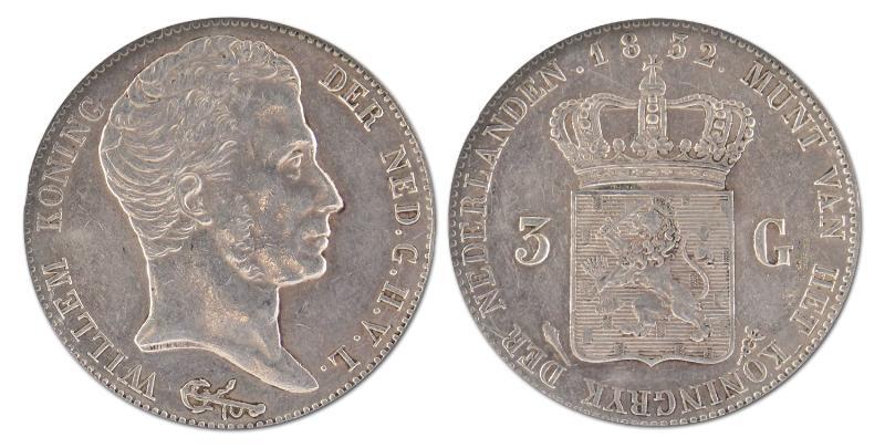 3 gulden. Willem I. 1832/1824 Overslag / 21. Prachtig +. 