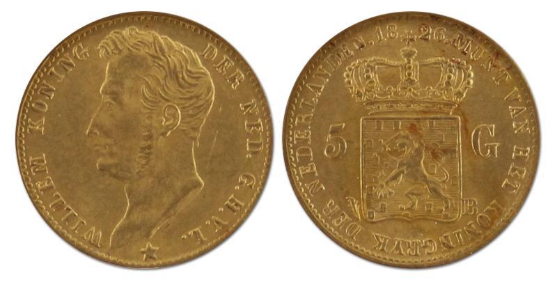 5 gulden goud. Willem I. 1826 B. Prachtig -. 