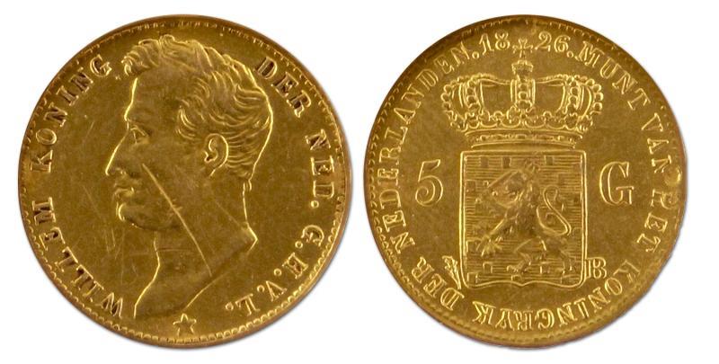 5 gulden goud. Willem I. 1826 B. Zeer Fraai. 