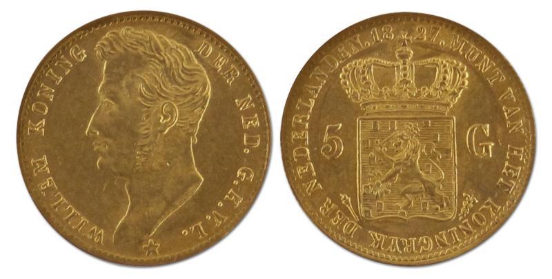 5 gulden goud. Willem I. 1827 U. Prachtig. 