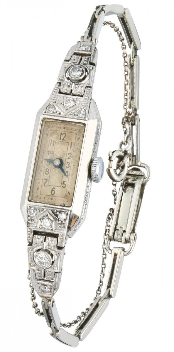 14 kt. Witgouden art deco dames polshorloge bezet met ca. 0.26 ct. diamant.