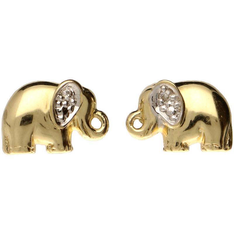Geelgouden oorstekers in de vorm van een olifant bezet met briljant 2 geslepen diamanten, 14 karaat