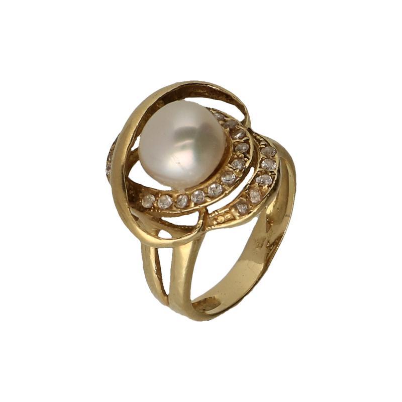 Geelgouden designring bezet met cultivéparel, 18 karaat