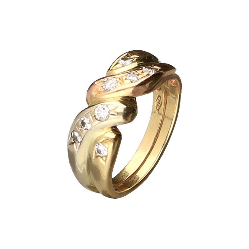 Tricolor gouden ring bezet met 8 briljant geslepen diamanten, 18 karaat
