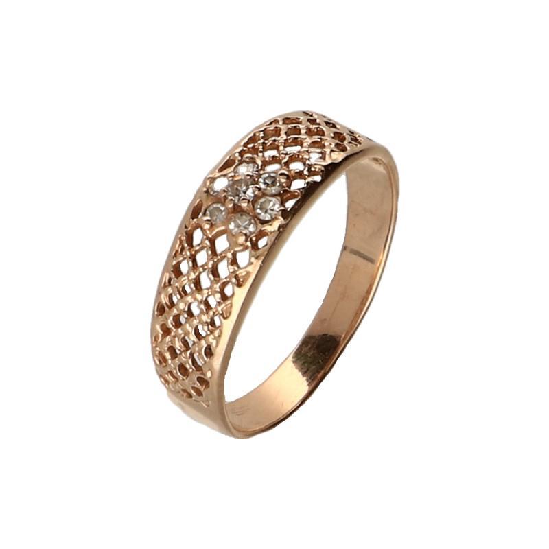 Roségouden bijzonder opengewerkte ring bezet met 7 briljant geslepen diamanten, 14 karaat