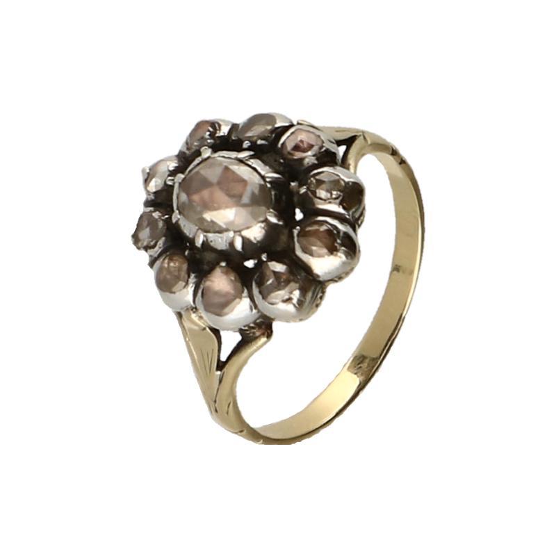 Antieke geelgouden ring bezet met 11 roosgeslepen diamanten, 14 karaat