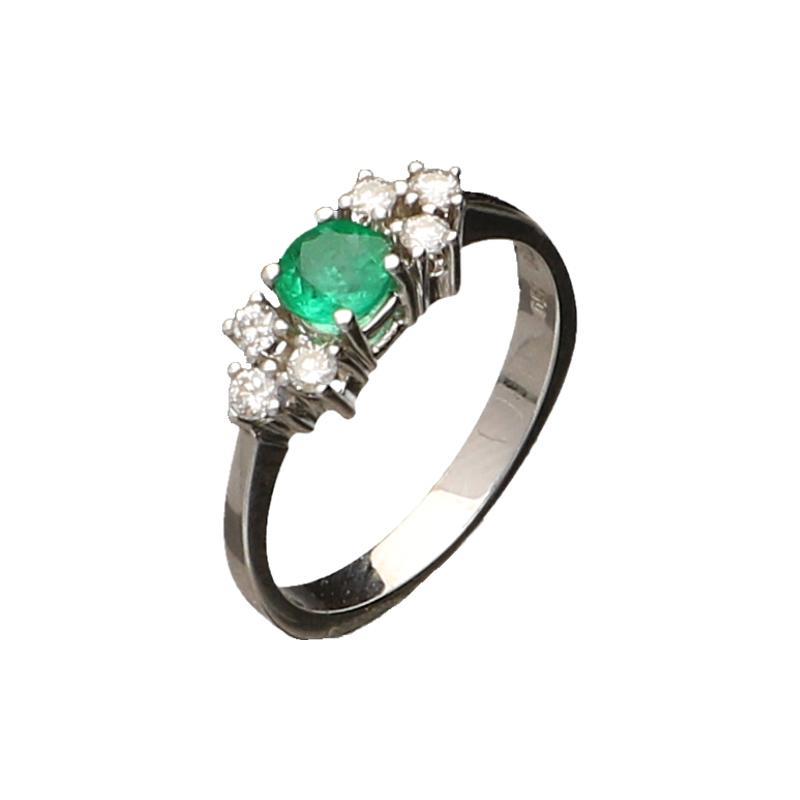 Witgouden ring met smaragd en diamant, 14 karaat