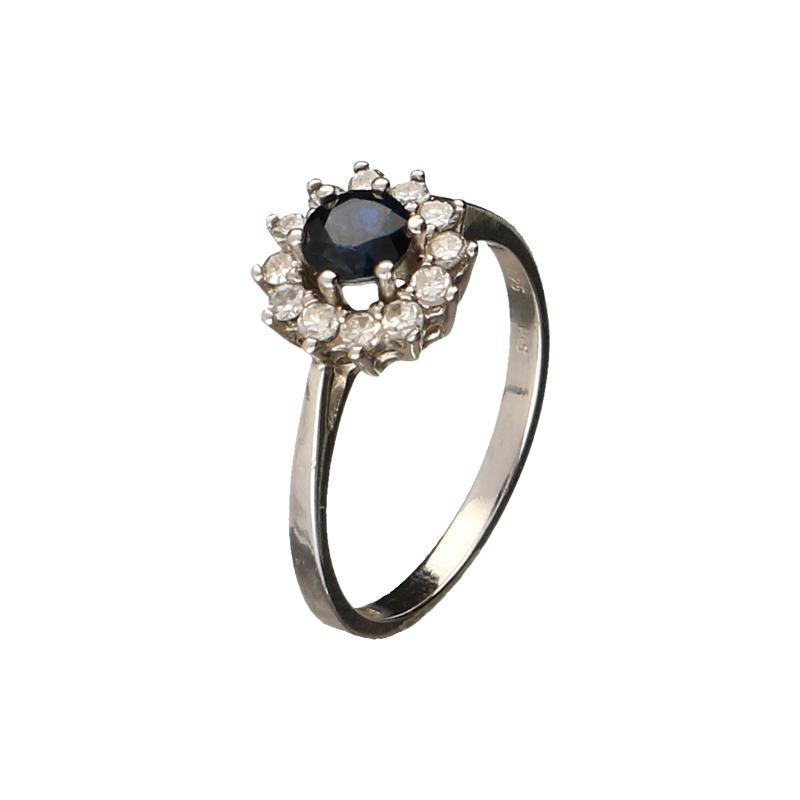 Witgouden rozet ring met saffier en diamant, 14 karaat 