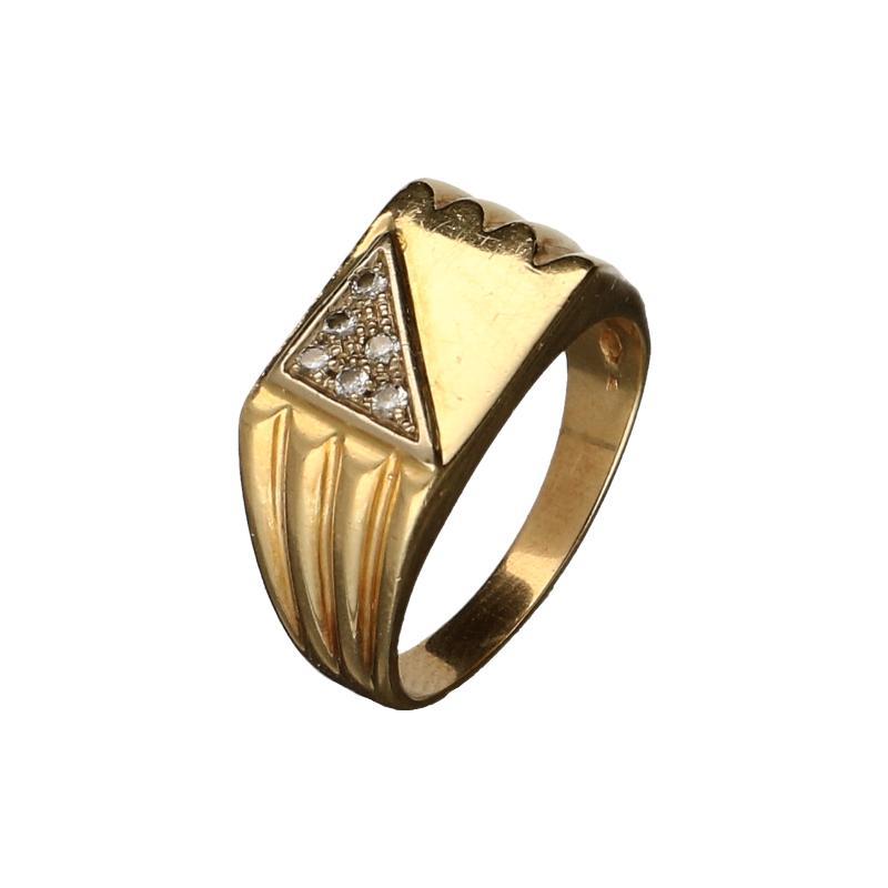 Geelgouden herenring bezet met 5 briljant geslepen diamanten en saffier, 14 karaat 