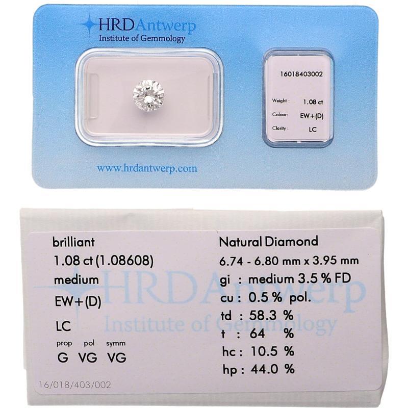 Briljant geslepen diamant, 1.08 Ct., gecertificeerd.