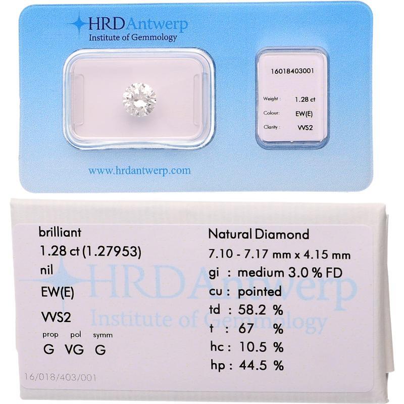 Briljant geslepen diamant, 1.28 Ct., gecertificeerd.
