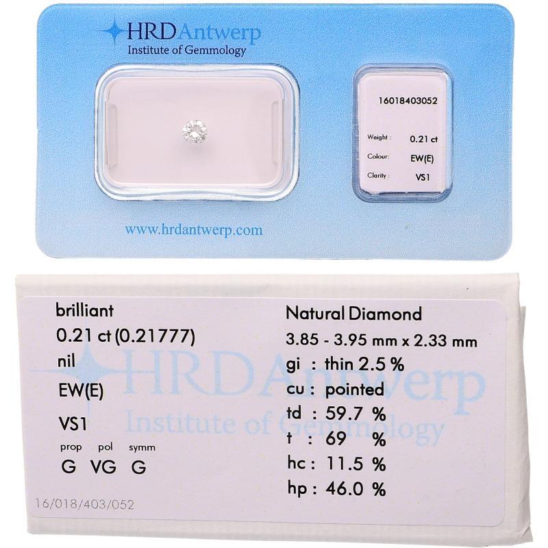 Briljant geslepen diamant, 0.21 ct, gecertificeerd.