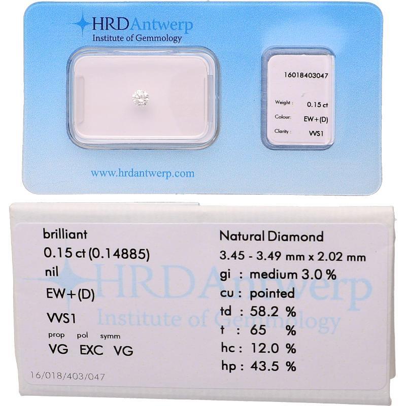 Briljant geslepen diamant, 0.15 ct, gecertificeerd.